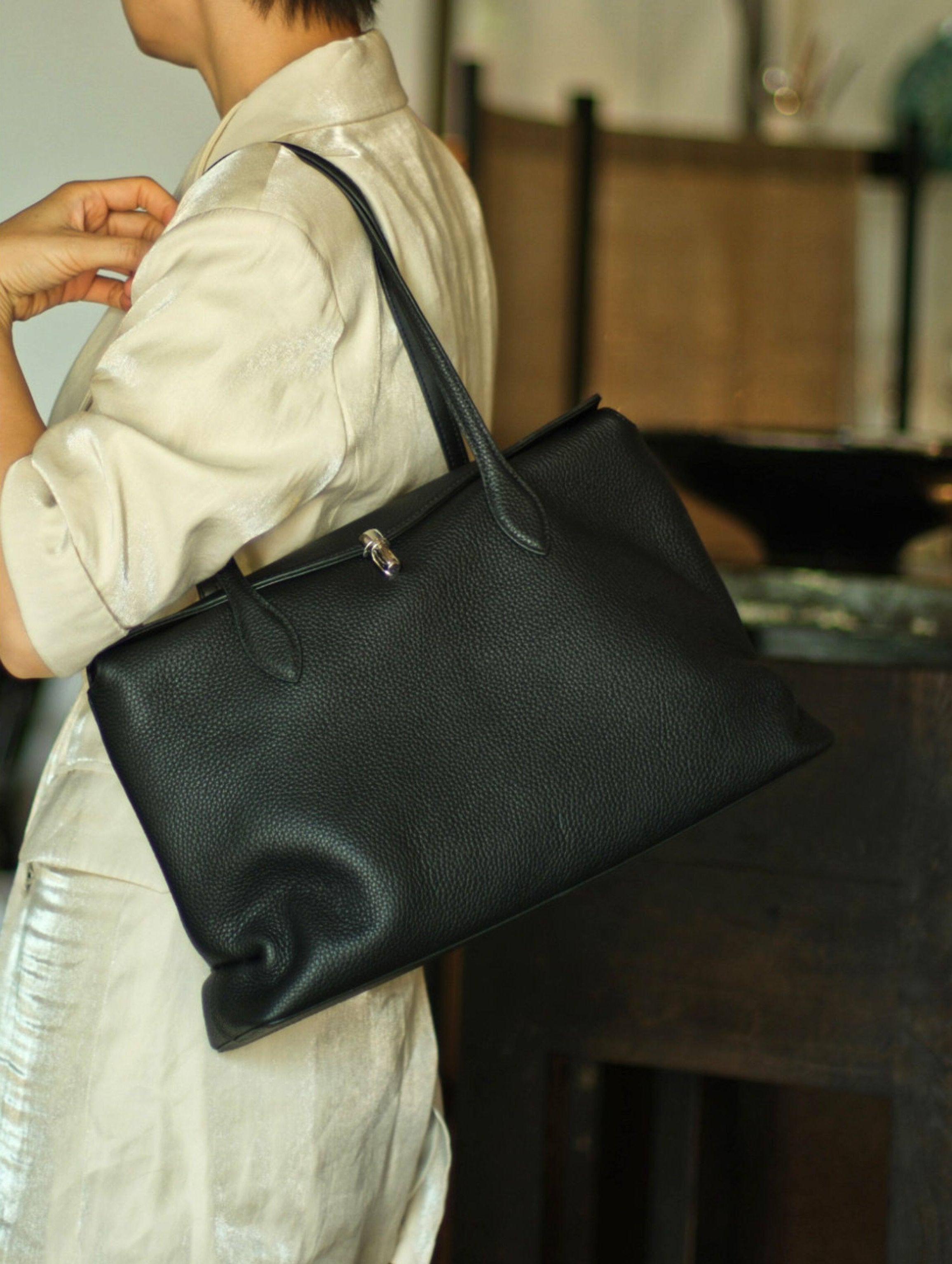Soft Cowhide Leather Tote Bag |  Minimalist Pebbled Shoulder Handbag with Turn-Lock Closure | Large Everyday Work Bag for Women
