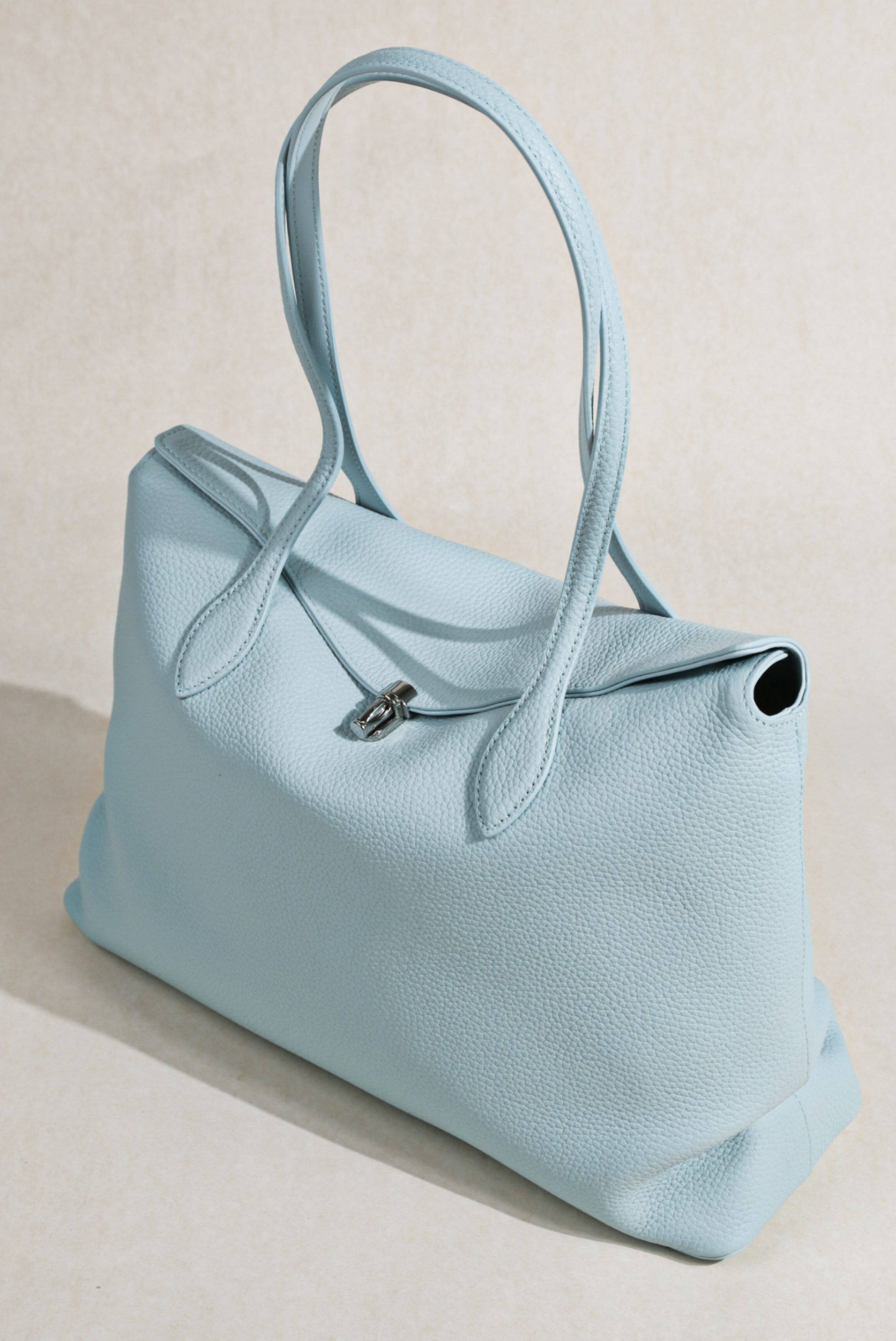 Soft Cowhide Leather Tote Bag |  Minimalist Pebbled Shoulder Handbag with Turn-Lock Closure | Large Everyday Work Bag for Women
