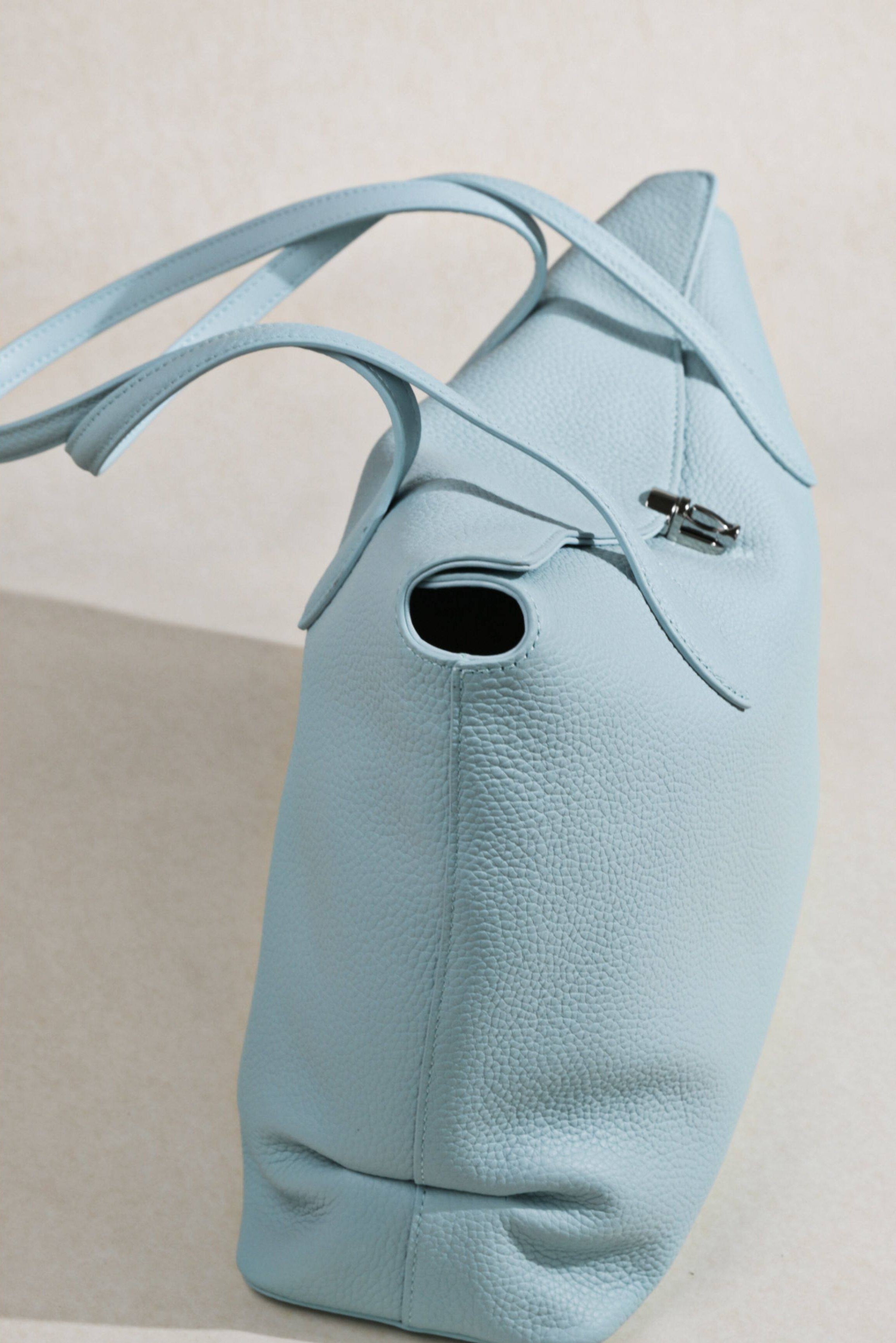 Soft Cowhide Leather Tote Bag |  Minimalist Pebbled Shoulder Handbag with Turn-Lock Closure | Large Everyday Work Bag for Women