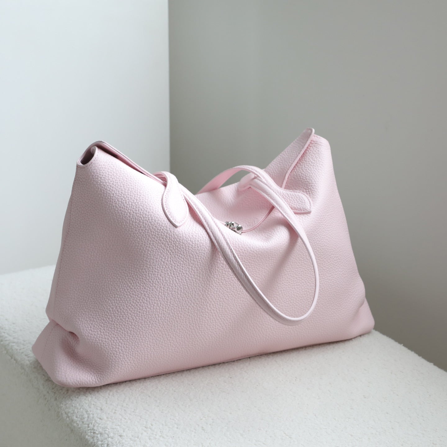 Soft Cowhide Leather Tote Bag |  Minimalist Pebbled Shoulder Handbag with Turn-Lock Closure | Large Everyday Work Bag for Women