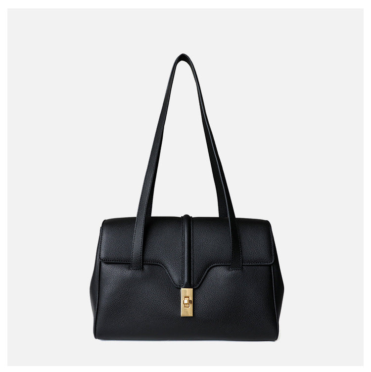 Structured Cowhide Leather Flap Tote | Gold Turn-Lock Top Handle Bag | Women's Work Handbag in Two Sizes