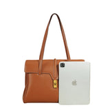 Structured Cowhide Leather Flap Tote | Gold Turn-Lock Top Handle Bag | Women's Work Handbag in Two Sizes