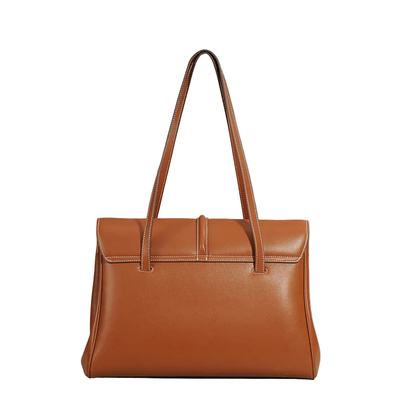Structured Cowhide Leather Flap Tote | Gold Turn-Lock Top Handle Bag | Women's Work Handbag in Two Sizes