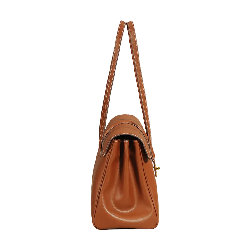 Structured Cowhide Leather Flap Tote | Gold Turn-Lock Top Handle Bag | Women's Work Handbag in Two Sizes