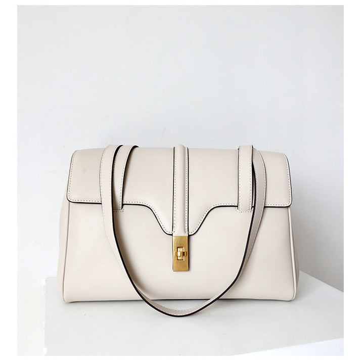 Structured Cowhide Leather Flap Tote | Gold Turn-Lock Top Handle Bag | Women's Work Handbag in Two Sizes