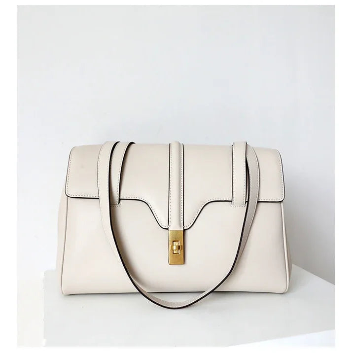 Structured Cowhide Leather Flap Tote | Gold Turn-Lock Top Handle Bag | Women's Work Handbag in Two Sizes