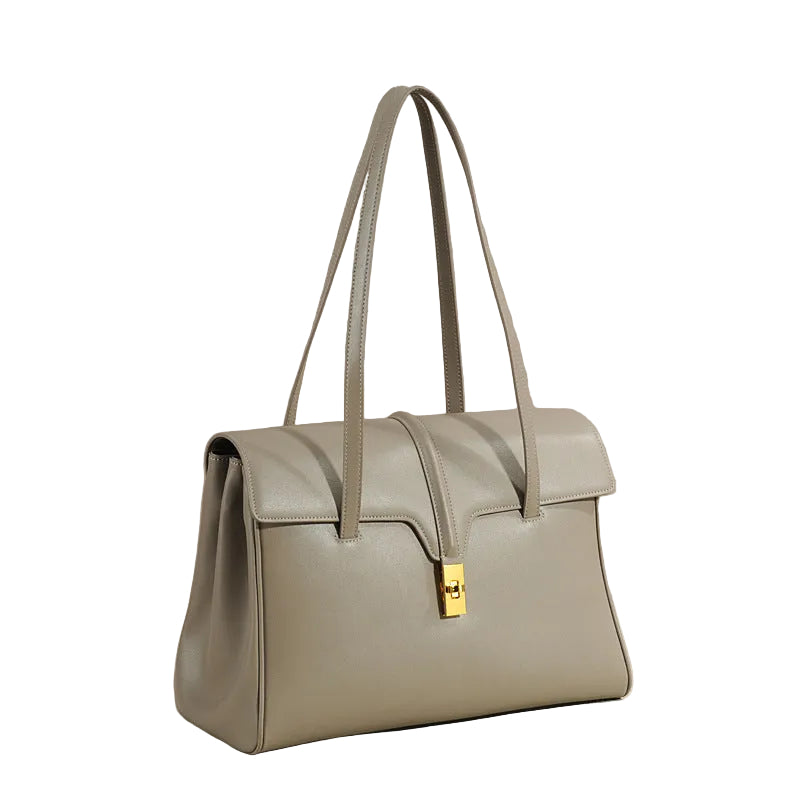 Structured Cowhide Leather Flap Tote | Gold Turn-Lock Top Handle Bag | Women's Work Handbag in Two Sizes