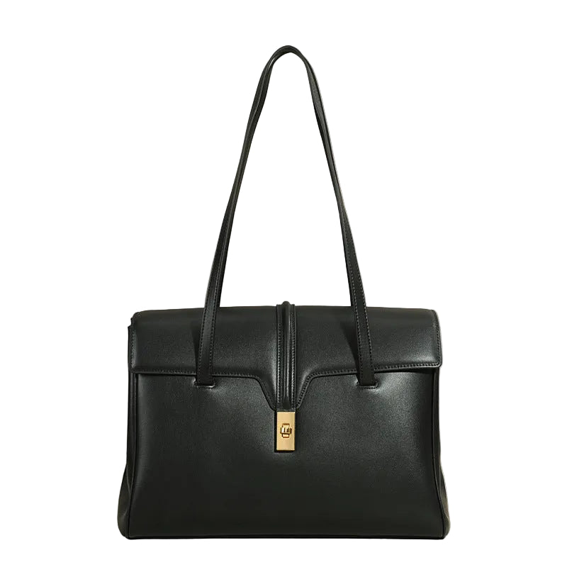 Structured Cowhide Leather Flap Tote | Gold Turn-Lock Top Handle Bag | Women's Work Handbag in Two Sizes