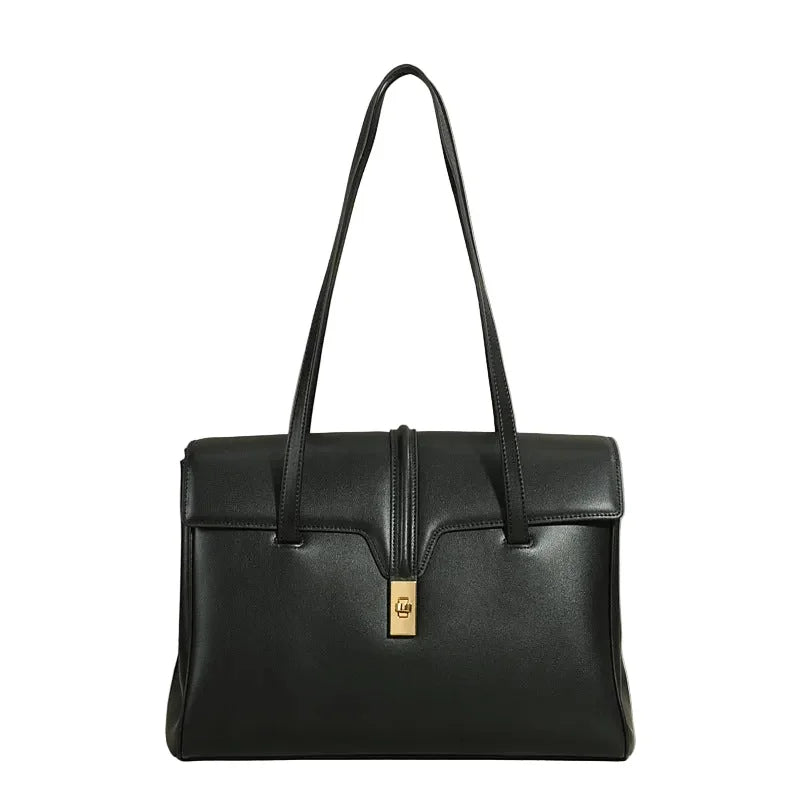 Structured Cowhide Leather Flap Tote | Gold Turn-Lock Top Handle Bag | Women's Work Handbag in Two Sizes