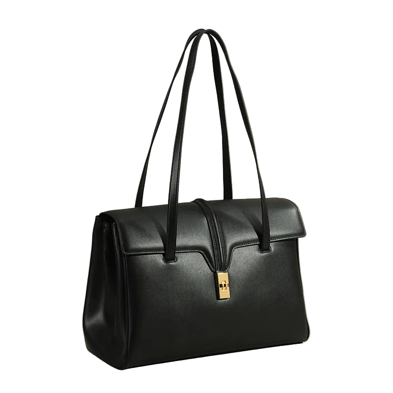 Structured Cowhide Leather Flap Tote | Gold Turn-Lock Top Handle Bag | Women's Work Handbag in Two Sizes