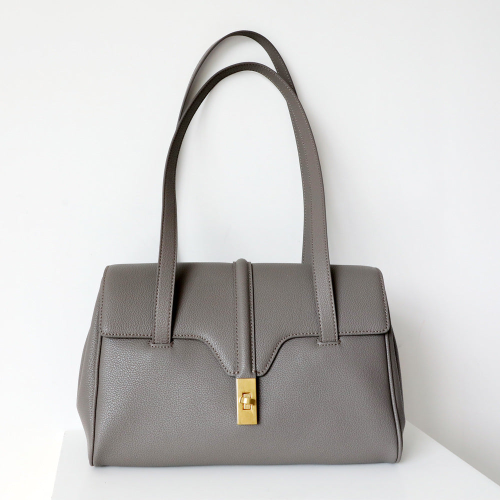 Structured Cowhide Leather Flap Tote | Gold Turn-Lock Top Handle Bag | Women's Work Handbag in Two Sizes