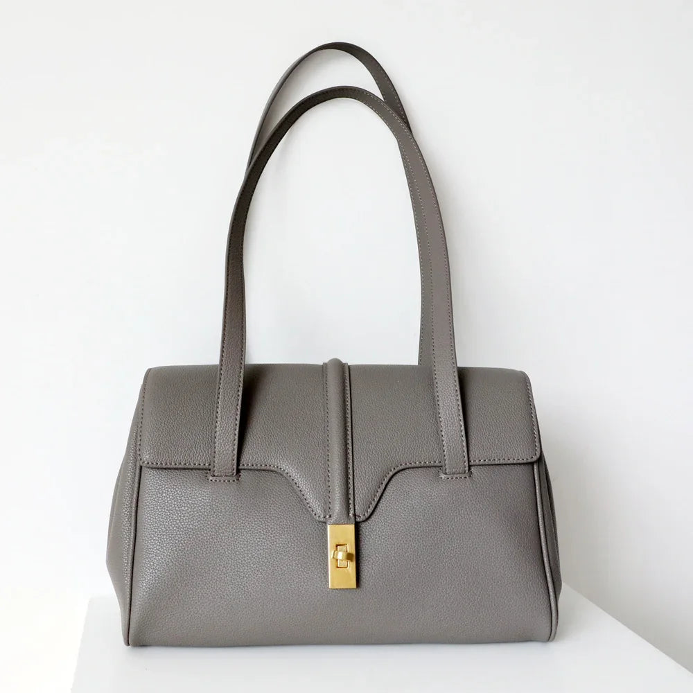 Structured Cowhide Leather Flap Tote | Gold Turn-Lock Top Handle Bag | Women's Work Handbag in Two Sizes
