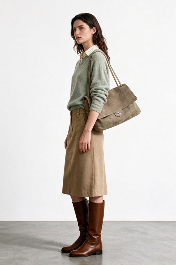 Suede Cowhide Shoulder Bag | Large Vintage Commuter Tote | Genuine Leather Women's Bag