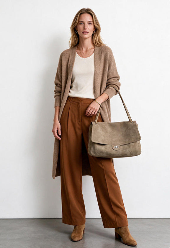 Suede Cowhide Shoulder Bag | Large Vintage Commuter Tote | Genuine Leather Women's Bag