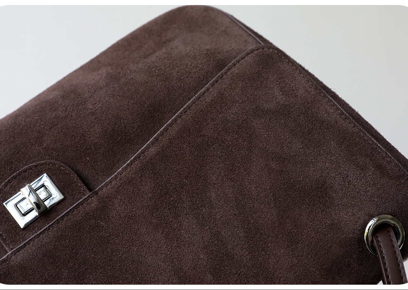 Suede Cowhide Shoulder Bag | Large Vintage Commuter Tote | Genuine Leather Women's Bag
