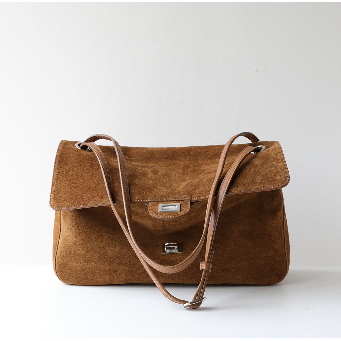 Suede Cowhide Shoulder Bag | Large Vintage Commuter Tote | Genuine Leather Women's Bag