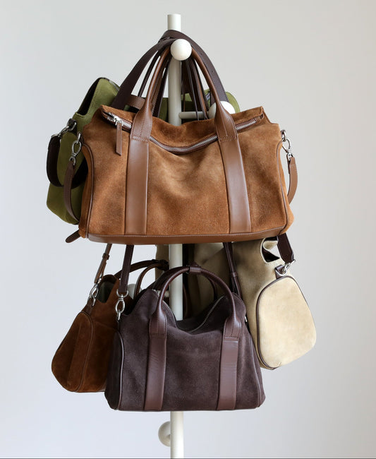 Suede Leather Boston Bag for Women | Vintage Commuter Shoulder Crossbody Tote | Handcrafted Top Handle Handbag in Two Sizes
