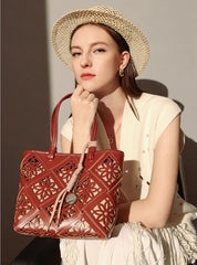 Summer Handmade Leather Tote Bag, Hollow Carved Basket Shoulder Bag, Designer Cowhide Handbag for Wome