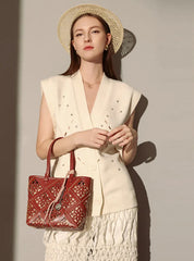 Summer Handmade Leather Tote Bag, Hollow Carved Basket Shoulder Bag, Designer Cowhide Handbag for Wome