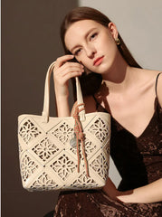 Summer Handmade Leather Tote Bag, Hollow Carved Basket Shoulder Bag, Designer Cowhide Handbag for Wome