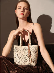 Summer Handmade Leather Tote Bag, Hollow Carved Basket Shoulder Bag, Designer Cowhide Handbag for Wome