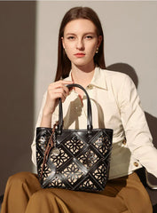 Summer Handmade Leather Tote Bag, Hollow Carved Basket Shoulder Bag, Designer Cowhide Handbag for Wome