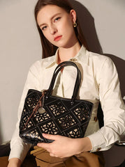 Summer Handmade Leather Tote Bag, Hollow Carved Basket Shoulder Bag, Designer Cowhide Handbag for Wome