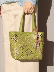 Summer Handmade Leather Tote Bag, Hollow Carved Basket Shoulder Bag, Designer Cowhide Handbag for Wome