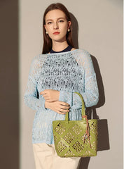 Summer Handmade Leather Tote Bag, Hollow Carved Basket Shoulder Bag, Designer Cowhide Handbag for Wome