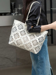 Summer Handmade Leather Tote Bag, Hollow Carved Basket Shoulder Bag, Designer Cowhide Handbag for Wome
