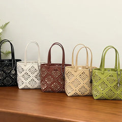 Summer Handmade Leather Tote Bag, Hollow Carved Basket Shoulder Bag, Designer Cowhide Handbag for Wome