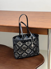 Summer Handmade Leather Tote Bag, Hollow Carved Basket Shoulder Bag, Designer Cowhide Handbag for Wome