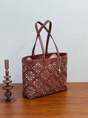 Summer Handmade Leather Tote Bag, Hollow Carved Basket Shoulder Bag, Designer Cowhide Handbag for Wome