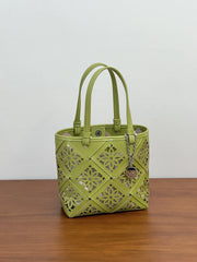 Summer Handmade Leather Tote Bag, Hollow Carved Basket Shoulder Bag, Designer Cowhide Handbag for Wome