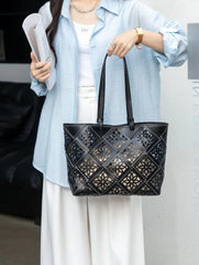 Summer Handmade Leather Tote Bag, Hollow Carved Basket Shoulder Bag, Designer Cowhide Handbag for Wome
