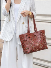 Summer Handmade Leather Tote Bag, Hollow Carved Basket Shoulder Bag, Designer Cowhide Handbag for Wome