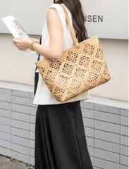 Summer Handmade Leather Tote Bag, Hollow Carved Basket Shoulder Bag, Designer Cowhide Handbag for Wome