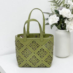 Summer Handmade Leather Tote Bag, Hollow Carved Basket Shoulder Bag, Designer Cowhide Handbag for Wome