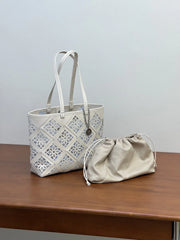 Summer Handmade Leather Tote Bag, Hollow Carved Basket Shoulder Bag, Designer Cowhide Handbag for Wome