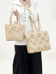 Summer Handmade Leather Tote Bag, Hollow Carved Basket Shoulder Bag, Designer Cowhide Handbag for Wome