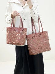 Summer Handmade Leather Tote Bag, Hollow Carved Basket Shoulder Bag, Designer Cowhide Handbag for Wome
