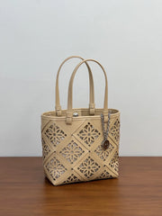 Summer Handmade Leather Tote Bag, Hollow Carved Basket Shoulder Bag, Designer Cowhide Handbag for Wome