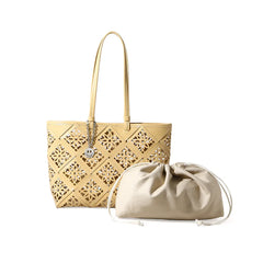 Summer Handmade Leather Tote Bag, Hollow Carved Basket Shoulder Bag, Designer Cowhide Handbag for Wome