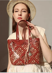 Summer Handmade Leather Tote Bag, Hollow Carved Basket Shoulder Bag, Designer Cowhide Handbag for Wome
