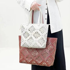 Summer Handmade Leather Tote Bag, Hollow Carved Basket Shoulder Bag, Designer Cowhide Handbag for Wome