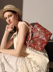 Summer Handmade Leather Tote Bag, Hollow Carved Basket Shoulder Bag, Designer Cowhide Handbag for Wome
