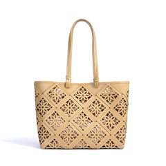 Summer Handmade Leather Tote Bag, Hollow Carved Basket Shoulder Bag, Designer Cowhide Handbag for Wome