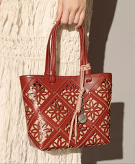 Summer Handmade Leather Tote Bag, Hollow Carved Basket Shoulder Bag, Designer Cowhide Handbag for Wome