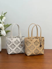 Summer Handmade Leather Tote Bag, Hollow Carved Basket Shoulder Bag, Designer Cowhide Handbag for Wome