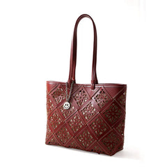 Summer Handmade Leather Tote Bag, Hollow Carved Basket Shoulder Bag, Designer Cowhide Handbag for Wome